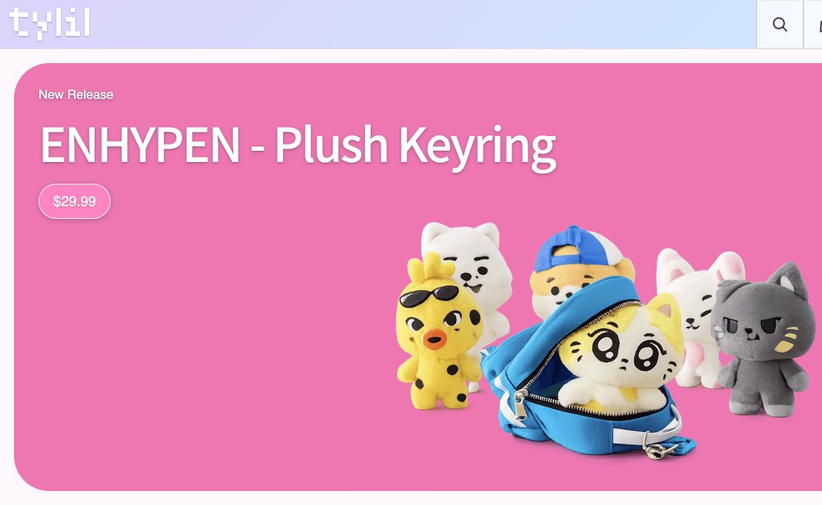 The Tylil homepage showing a pink ENHYPEN plush keyring hero card