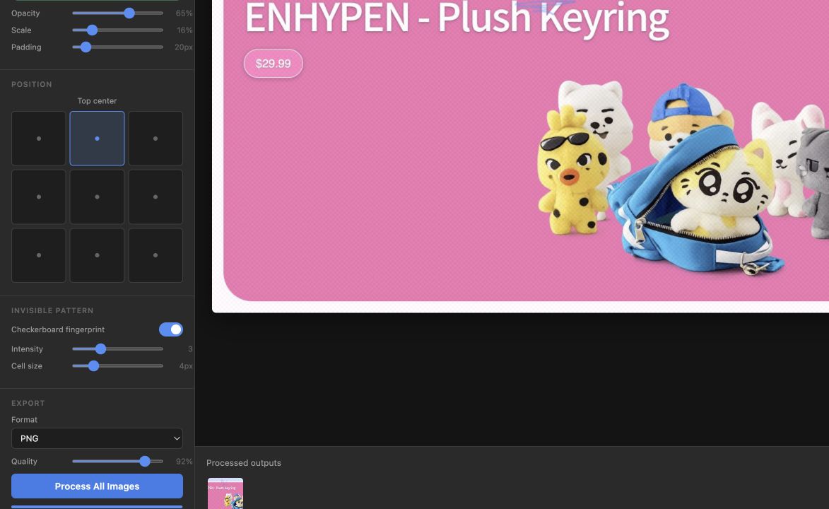 WatermarkKit export controls and processed image output